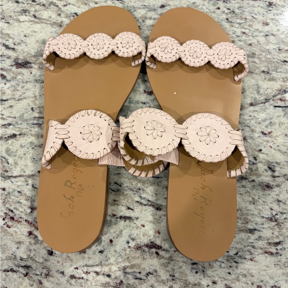 Jack Rogers Pale Pink Leather Circle-Trim Slide Sandals Lauren style